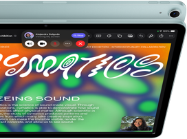 iPad Air, Blue color, top exterior, screen showing Keynote app on screen sharing feature during FaceTime video call, back exterior, 12MP Wide back camera, volume-up button, volume-down button