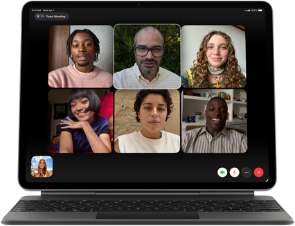 iPad Air, attached to Magic Keyboard, Black color, Group FaceTime call on screen