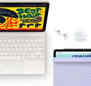 iPad Air, Starlight color, colorful graphics on screen, attached to Magic Keyboard, Airpods Pro and Apple Pencil Pro accessories