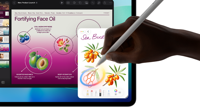 iPad Pro, front exterior display with dark blue and green gradient background with multiple apps open, hand holding Apple Pencil Pro circling a sketch showing Apple Intelligence Image Wand feature