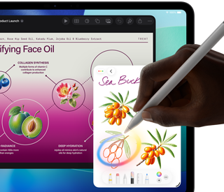 iPad Pro, front exterior display with dark blue and green gradient background with multiple apps open, hand holding Apple Pencil Pro circling a sketch showing Apple Intelligence Image Wand feature