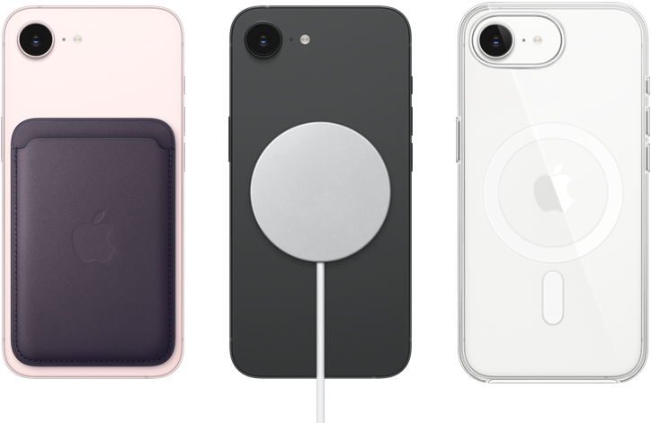 iPhone 17e, back exterior, soft pink color, FineWoven Wallet with MagSafe attached, iPhone 17e, back exterior, black color, MagSafe Charger attached, iPhone 17e, back exterior, white color, Clear Case with MagSafe attached