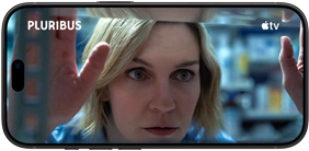 iPhone 18 Pro, landscape mode, displaying scene from series titled: Pluribus, Apple TV logo