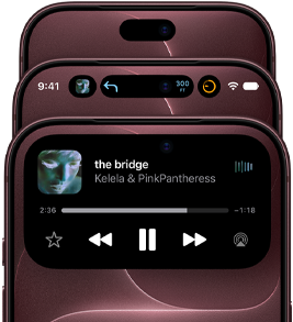 Three iPhone 18 Pros in burgundy color overlapping upward to show Dynamic Island in different modes: off, minimized, and maximized
