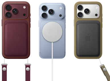 Three iPhone 18 Pro devices, device on left in burgundy color with burgundy color silicone case, burgundy color FineWoven MagSafe Wallet and burgundy color Crossbody Strap attached, middle device in glacier color with white color MagSafe Charger attached, and device on the right in silver color, green color silicone case, dark green FineWoven MagSafe Wallet with wrist strap attached