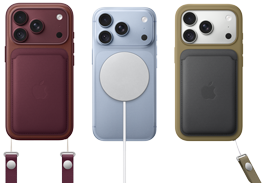 Three iPhone 18 Pro devices, device on left in burgundy color with burgundy color silicone case, burgundy color FineWoven MagSafe Wallet and burgundy color Crossbody Strap attached, middle device in glacier color with white color MagSafe Charger attached, and device on the right in silver color, green color silicone case, dark green FineWoven MagSafe Wallet with wrist strap attached