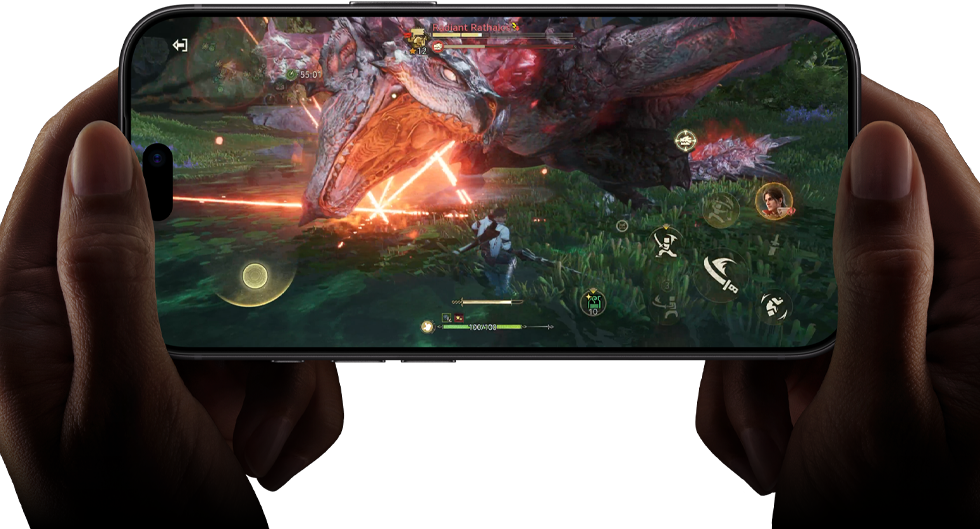 Two hands holding iPhone 18 Pro, in landscape mode, playing Monster Hunter Outlanders video game, demonstrating the performance capabilities of the A20 Pro Chip