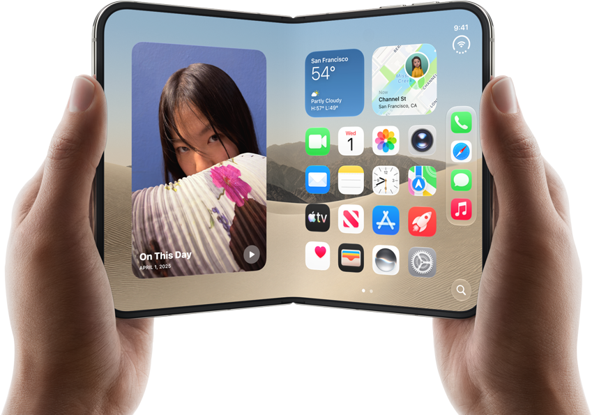 iPhone Duo, Star White color, held by two hands in landscape orientation, unfolded, interior screen displays photos on the left, apps on the right