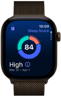 Apple Watch Series 12, aluminum case, dark bronze color, sleep score circle graph, Digital Crown, Milanese Loop band, dark bronze color