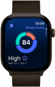 Apple Watch Series 12, aluminum case, dark bronze color, sleep score circle graph, Digital Crown, Milanese Loop band, dark bronze color
