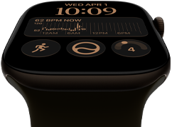 Apple Watch Series 12, aluminum case, dark bronze color, Modular watch face, complications: day and date, Workouts, Activity rings, Apple Music, right side exterior, Digital Crown, Sport Band, olive color