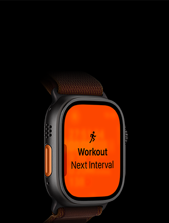 Apple Watch Ultra 4, titanium case, black color, Running workout, next interval, left side exterior, orange Action button, Alpine Loop band