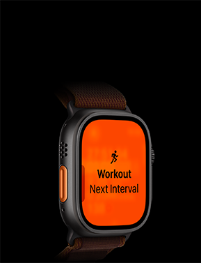 Apple Watch Ultra 4, titanium case, black color, Running workout, next interval, left side exterior, orange Action button, Alpine Loop band