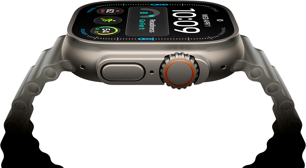 Apple Watch Ultra 4, titanium case, natural color, digital clock face, complications: readiness, heart rate, Workouts, temperature, right side exterior, Digital Crown, raised side button, Ocean Band, translucent gray color