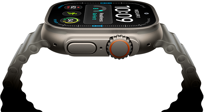 Apple Watch Ultra 4, titanium case, natural color, digital clock face, complications: readiness, heart rate, Workouts, temperature, right side exterior, Digital Crown, raised side button, Ocean Band, translucent gray color