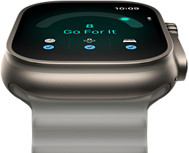 Apple Watch Ultra 4, titanium case, natural color, readiness score of 8, right side exterior, Digital Crown, raised side button, Ocean Band, translucent gray color