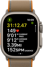 Apple Watch Ultra 4, titanium case, natural color, advanced Outdoor Run workout metrics, right side exterior, Digital Crown, raised side button, Trail Loop band, sand color