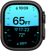 Apple Watch Ultra 4, titanium case, black color, Depth app showing diving metrics, right side exterior, Digital Crown, raised side button