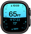 Apple Watch Ultra 4, titanium case, black color, Depth app showing diving metrics, right side exterior, Digital Crown, raised side button