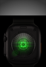 Back of Apple Watch Ultra 4, titanium case, black color, multiple round sensors with glowing green LED lights