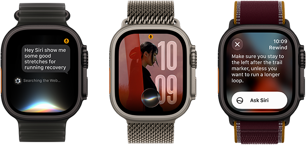 Three Apple Watch Ultra 4 devices, one with black titanium case, Siri AI conversation, translucent black Ocean Band, one with natural titanium case, personalized photo on watch face with Siri AI complication, natural titanium Milanese Loop band, and one with black titanium case, Siri Recap, burgundy Trail Loop band